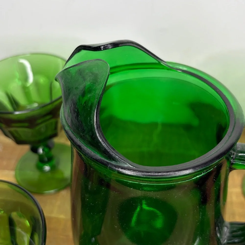 Vintage Anchor Hocking Emerald Green Glass Pitcher and Goblet Set